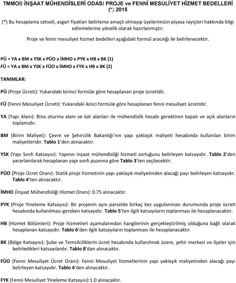 PÜ = YA x BM x YSK x PÜO x İMHO x PYK x HB x BK (1) FÜ = YA x BM x YSK x FÜO x İMHO x FYK x HB x BK (2) TANIMLAR: PÜ (Proje Ücreti): Yukarıdaki birinci formüle göre hesaplanan proje ücretidir.