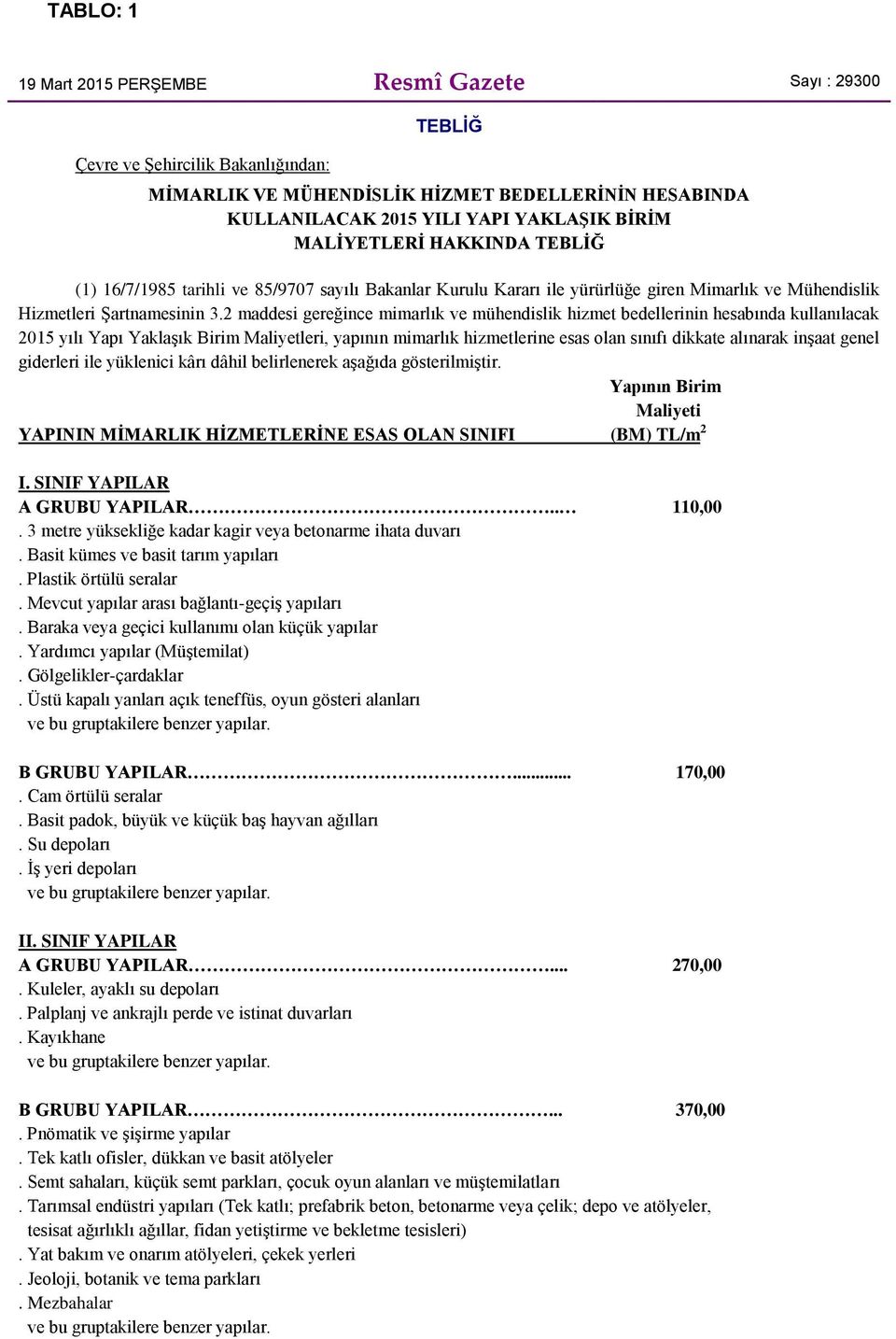 2 maddesi gereğince mimarlık ve mühendislik hizmet bedellerinin hesabında kullanılacak 2015 yılı Yapı Yaklaşık Birim Maliyetleri, yapının mimarlık hizmetlerine esas olan sınıfı dikkate alınarak