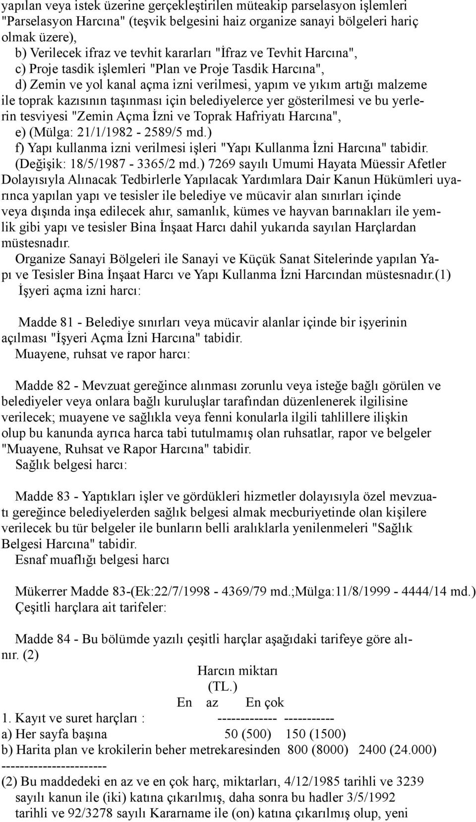 için belediyelerce yer gösterilmesi ve bu yerlerin tesviyesi "Zemin Açma İzni ve Toprak Hafriyatı Harcına", e) (Mülga: 21/1/1982-2589/5 md.