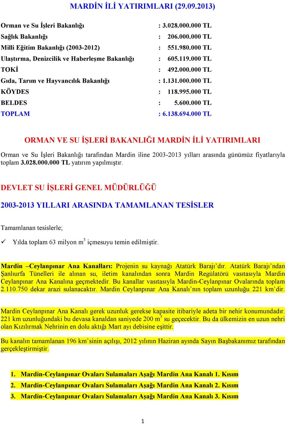 000 TL TOPLAM : 6.138.694.000 TL ORMAN VE SU İŞLERİ BAKANLIĞI MARDİN İLİ YATIRIMLARI Orman ve Su İşleri Bakanlığı tarafından Mardin iline 2003-2013 yılları arasında günümüz fiyatlarıyla toplam 3.028.