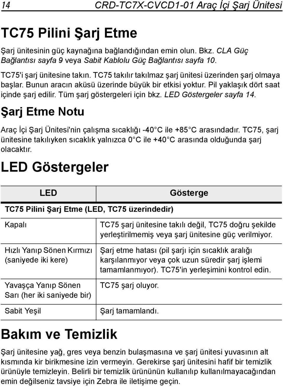 Tüm şarj göstergeleri için bkz. LED Göstergeler sayfa 14. Şarj Etme Notu Araç İçi Şarj Ünitesi'nin çalışma sıcaklığı -40 C ile +85 C arasındadır.