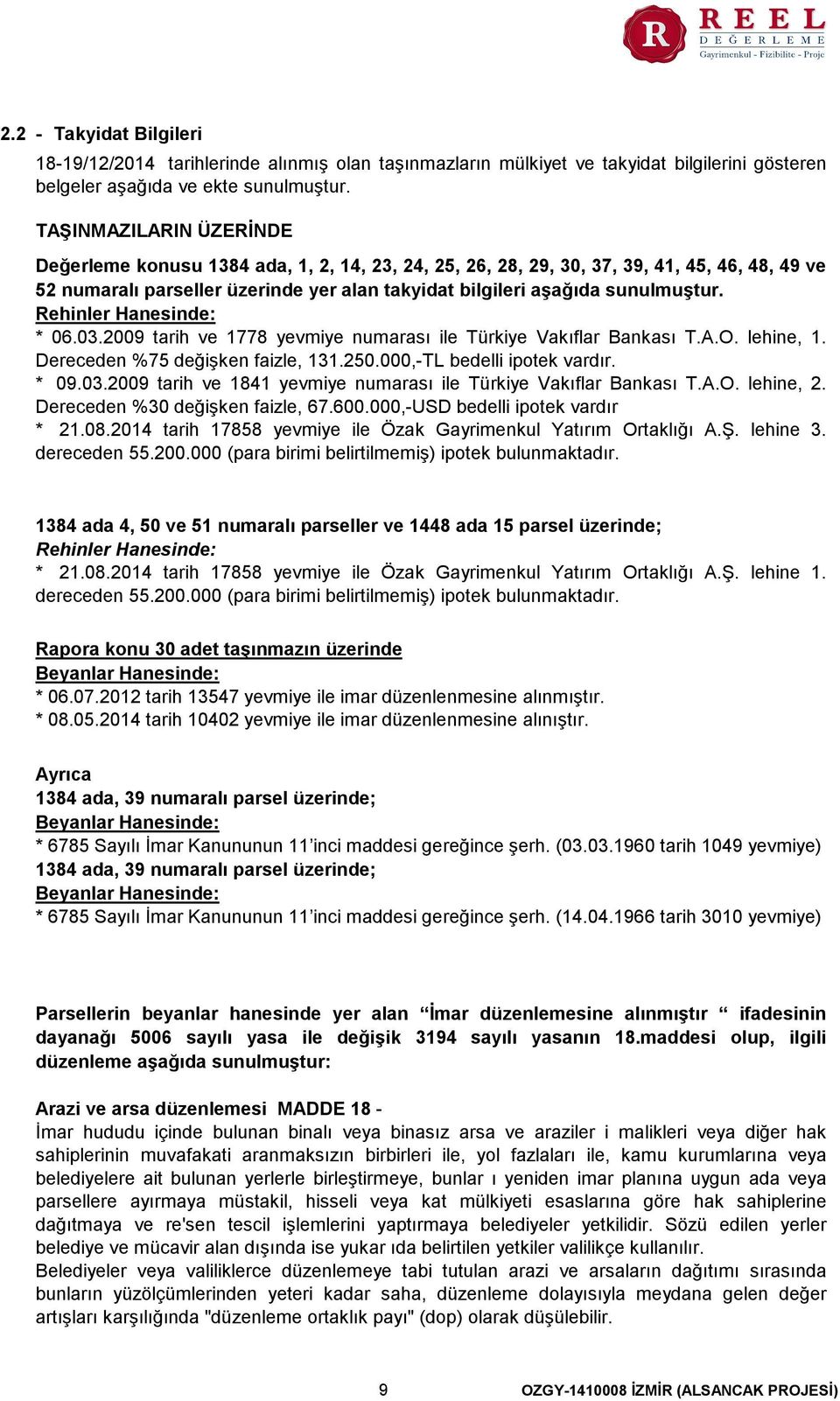 Rehinler Hanesinde: 06.03.2009 tarih ve 1778 yevmiye numarası ile Türkiye Vakıflar Bankası T.A.O. lehine, 1. Dereceden %75 değişken faizle, 131.250.000,-TL bedelli ipotek vardır. 09.03.2009 tarih ve 1841 yevmiye numarası ile Türkiye Vakıflar Bankası T.