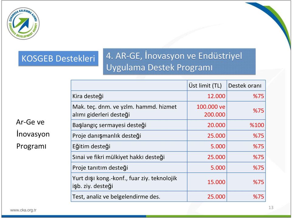 000 %75 Mak. teç. dnm. ve yzlm. hammd. hizmet alımıgiderleri desteği 100.000 ve 200.000 %75 Başlangıç sermayesi desteği 20.