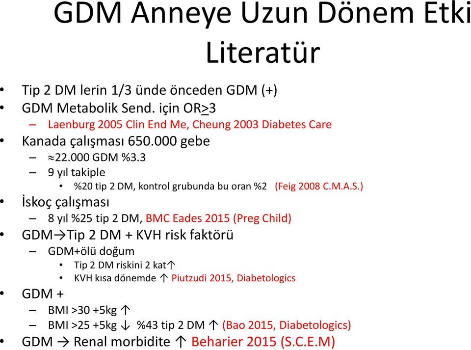 3 9 yıl takiple %20 tip 2 DM, kontrol grubunda bu oran %2 (Feig 2008 C.M.A.S.