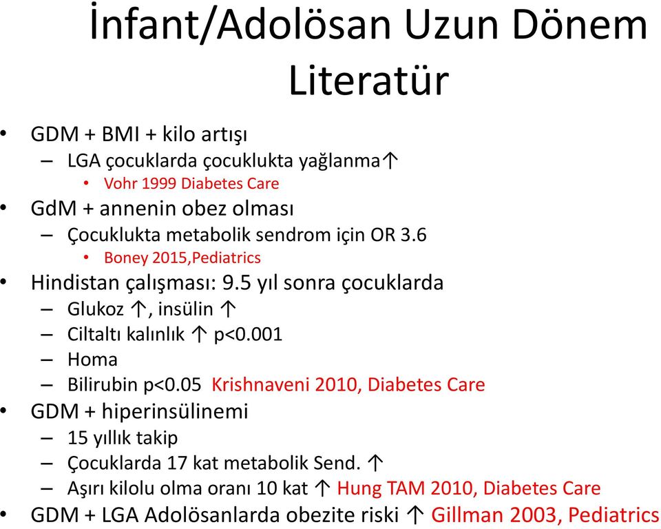 5 yıl sonra çocuklarda Glukoz, insülin Ciltaltı kalınlık p<0.001 Homa Bilirubin p<0.