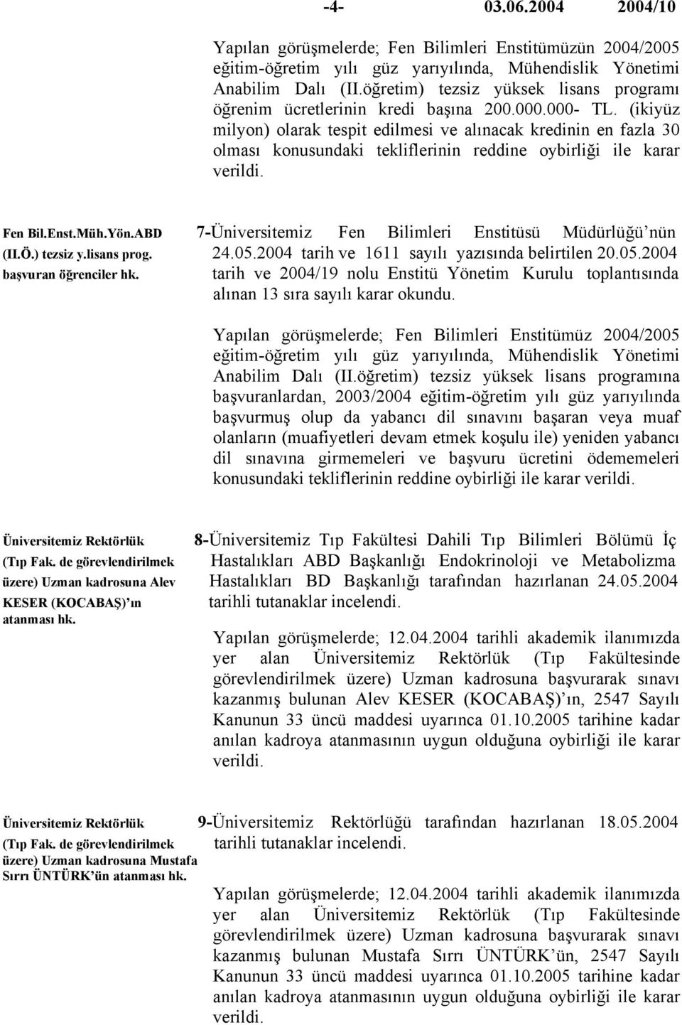 (ikiyüz milyon) olarak tespit edilmesi ve alınacak kredinin en fazla 30 olması konusundaki tekliflerinin reddine oybirliği ile karar verildi. Fen Bil.Enst.Müh.Yön.