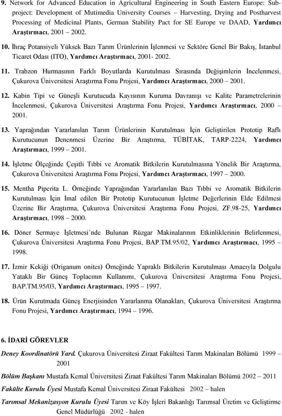 İhraç Potansiyeli Yüksek Bazı Tarım Ürünlerinin İşlenmesi ve Sektöre Genel Bir Bakış, İstanbul Ticaret Odası (ITO), Yardımcı Araştırmacı, 2001-2002. 11.