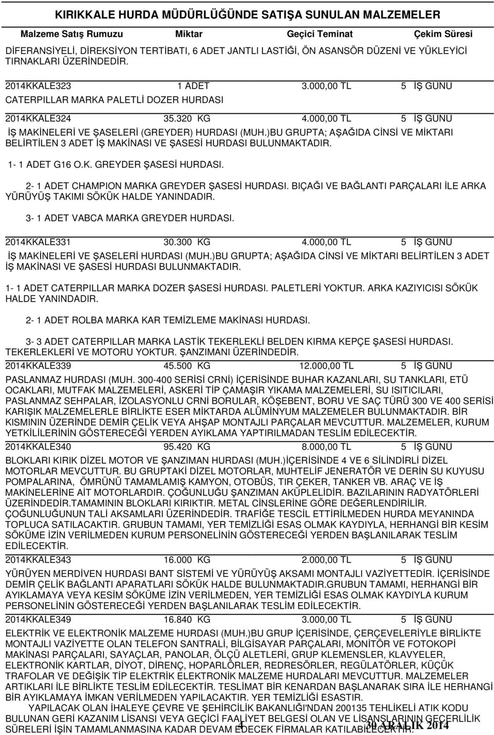 )BU GRUPTA; AŞAĞIDA CİNSİ VE MİKTARI BELİRTİLEN 3 ADET İŞ MAKİNASI VE ŞASESİ HURDASI BULUNMAKTADIR. 1- G16 O.K. GREYDER ŞASESİ HURDASI. 2- CHAMPION MARKA GREYDER ŞASESİ HURDASI.