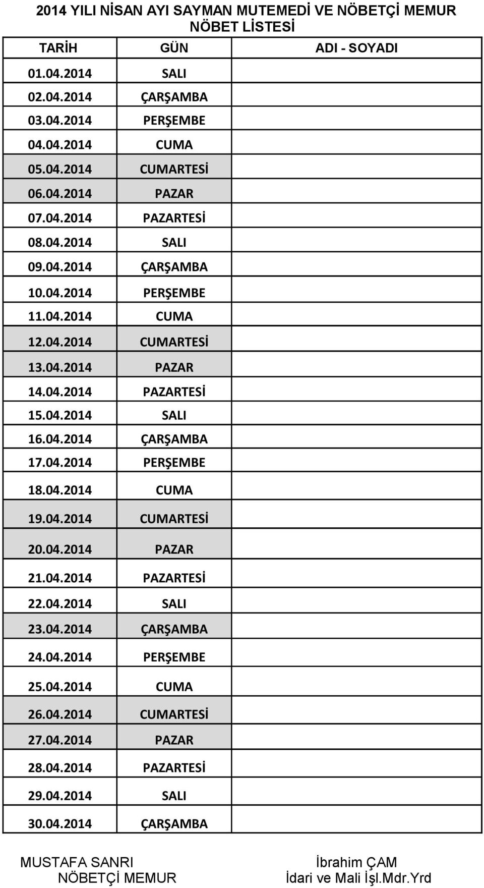 04.2014 ÇARŞAMBA 17.04.2014 PERŞEMBE 18.04.2014 CUMA 19.04.2014 CUMARTESİ 20.04.2014 PAZAR 21.04.2014 PAZARTESİ 22.04.2014 SALI 23.04.2014 ÇARŞAMBA 24.04.2014 PERŞEMBE 25.04.2014 CUMA 26.