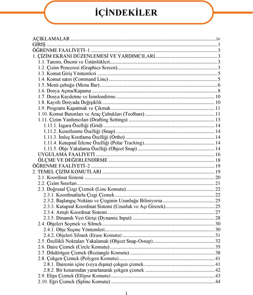 Programı Kapatmak ve Çıkmak... 11 1.10. Komut Butonları ve Araç Çubukları (Toolbars)... 11 1.11. Çizim Yardımcıları (Drafting Settings)... 13 1.11.1. Izgara Özelliği (Grid)... 14 1.11.2.