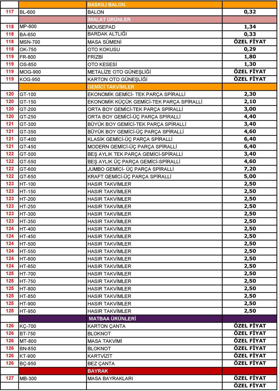 EKONOMİK KÜÇÜK GEMİCİ-TEK PARÇA SPİRALLİ 2,10 120 GT-200 ORTA BOY GEMİCİ-TEK PARÇA SPİRALLİ 3,00 120 GT-250 ORTA BOY GEMİCİ-ÜÇ PARÇA SPİRALLİ 4,40 121 GT-300 BÜYÜK BOY GEMİCİ-TEK PARÇA SPİRALLİ 3,40