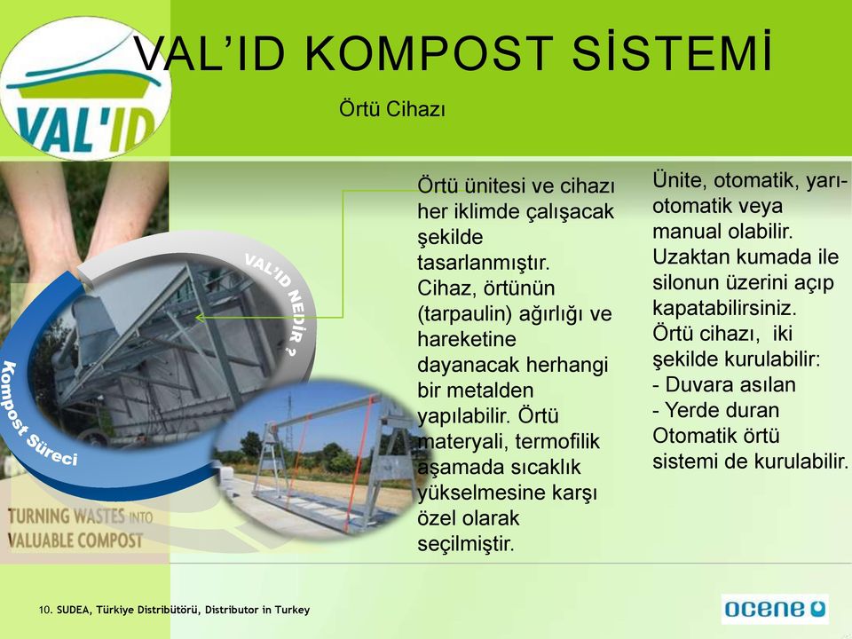 Örtü materyali, termofilik aşamada sıcaklık yükselmesine karşı özel olarak seçilmiştir. Ünite, otomatik, yarıotomatik veya manual olabilir.