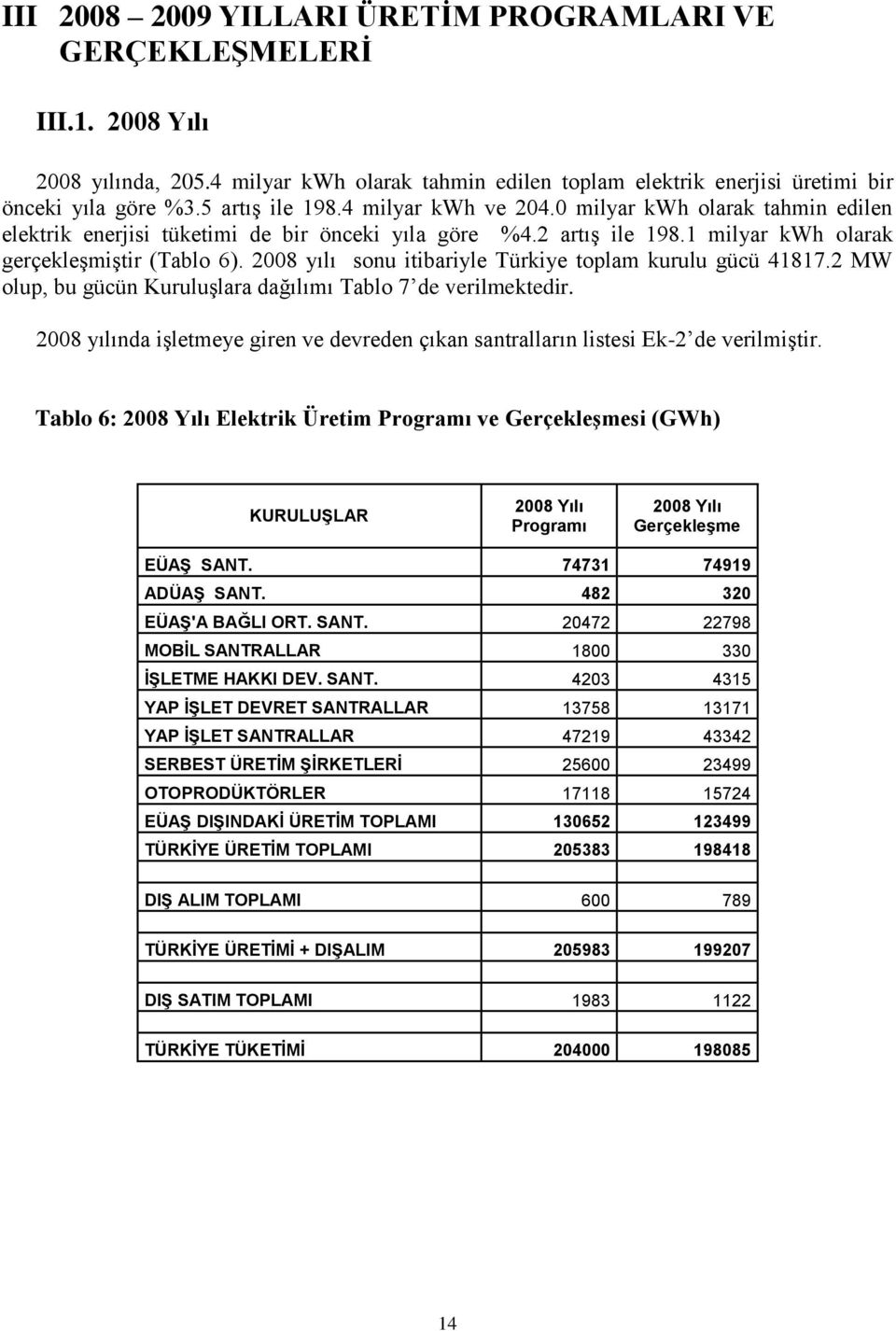 2008 yılı sonu itibariyle Türkiye toplam kurulu gücü 41817.2 MW olup, bu gücün KuruluĢlara dağılımı Tablo 7 de verilmektedir.