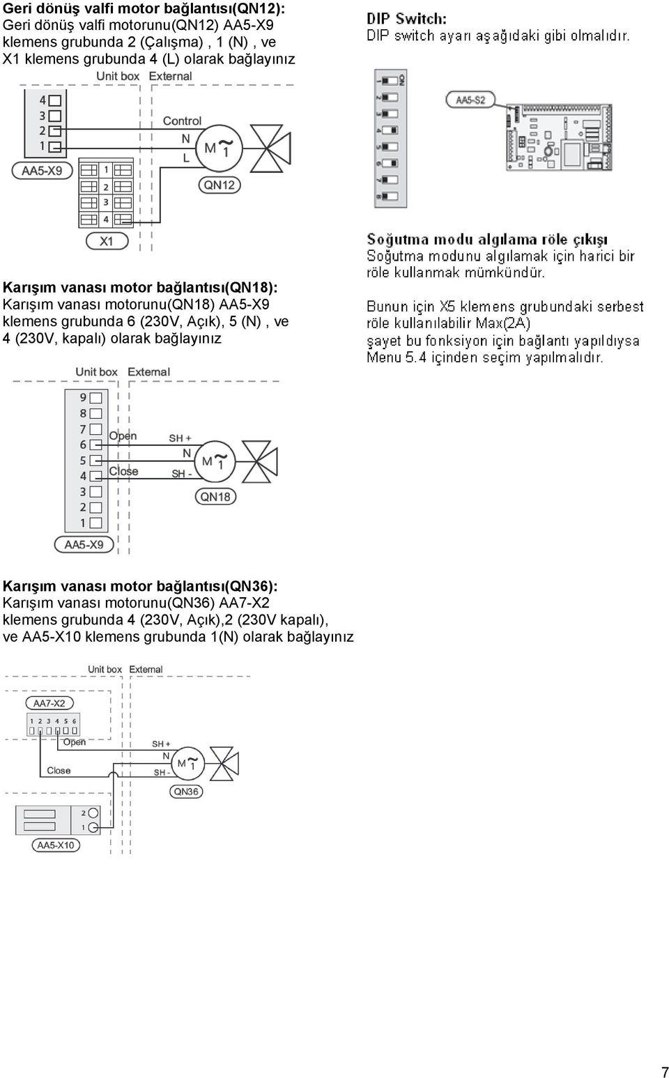 klemens grubunda 6 (230V, Açık), 5 (N), ve 4 (230V, kapalı) olarak bağlayınız Karışım vanası motor bağlantısı(qn36):