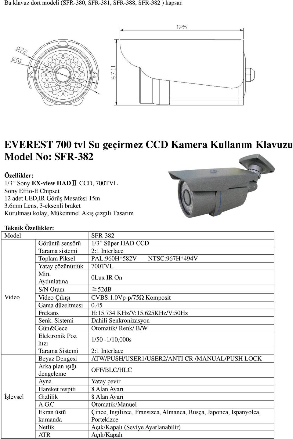 Aydınlatma 0Lux IR On S/N Oranı 52dB Video Video Çıkışı CVBS:1.