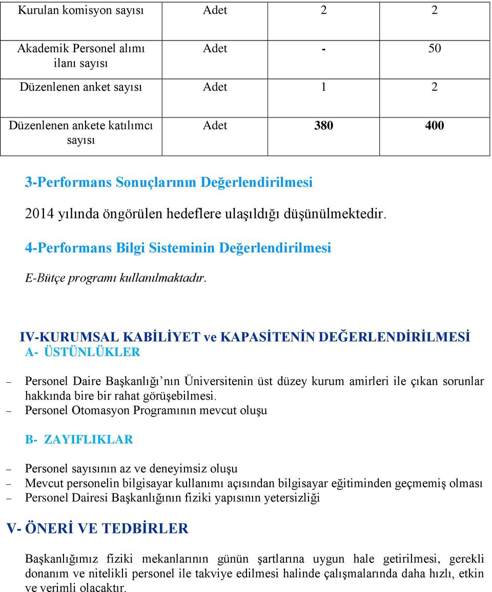 IV-KURUMSAL KABİLİYET ve KAPASİTENİN DEĞERLENDİRİLMESİ A- ÜSTÜNLÜKLER Personel Daire Başkanlığı nın Üniversitenin üst düzey kurum amirleri ile çıkan sorunlar hakkında bire bir rahat görüşebilmesi.