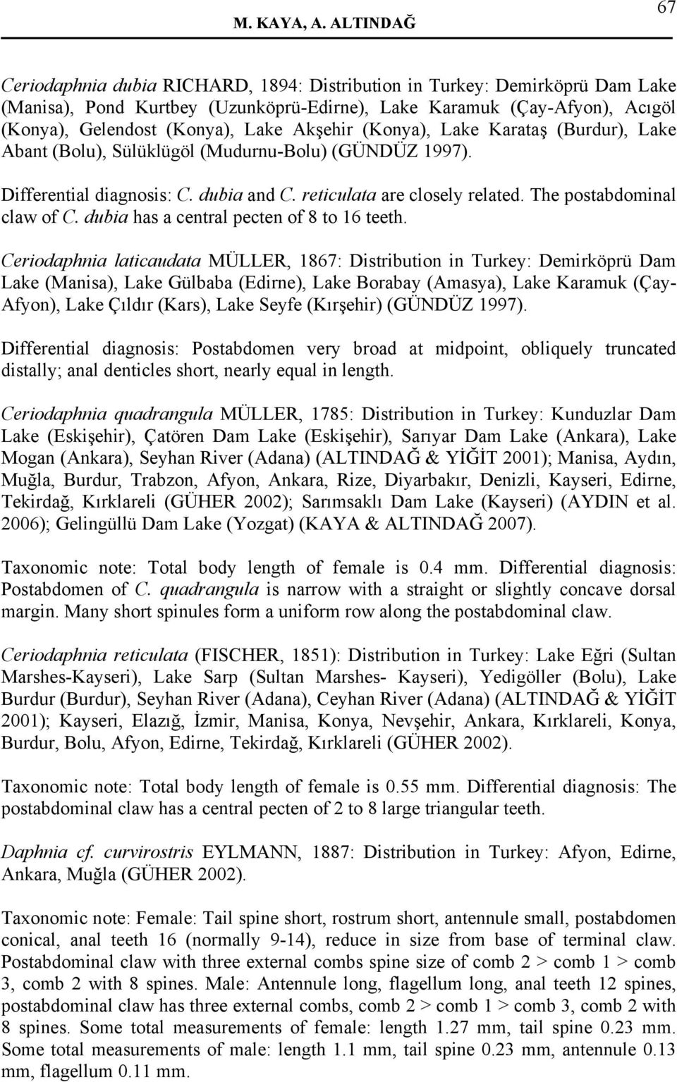 Akşehir (Konya), Lake Karataş (Burdur), Lake Abant (Bolu), Sülüklügöl (Mudurnu-Bolu) (GÜNDÜZ 1997). Differential diagnosis: C. dubia and C. reticulata are closely related. The postabdominal claw of C.