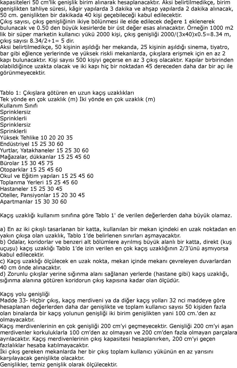 50 den büyük kesirlerde bir üst değer esas alınacaktır. Örneğin 1000 m2 lik bir süper marketin kullanıcı yükü 2000 kişi, çıkış genişliği 2000/(3x40)x0.5=8.34 m, çıkış sayısı 8.34/2+1= 5 dir.