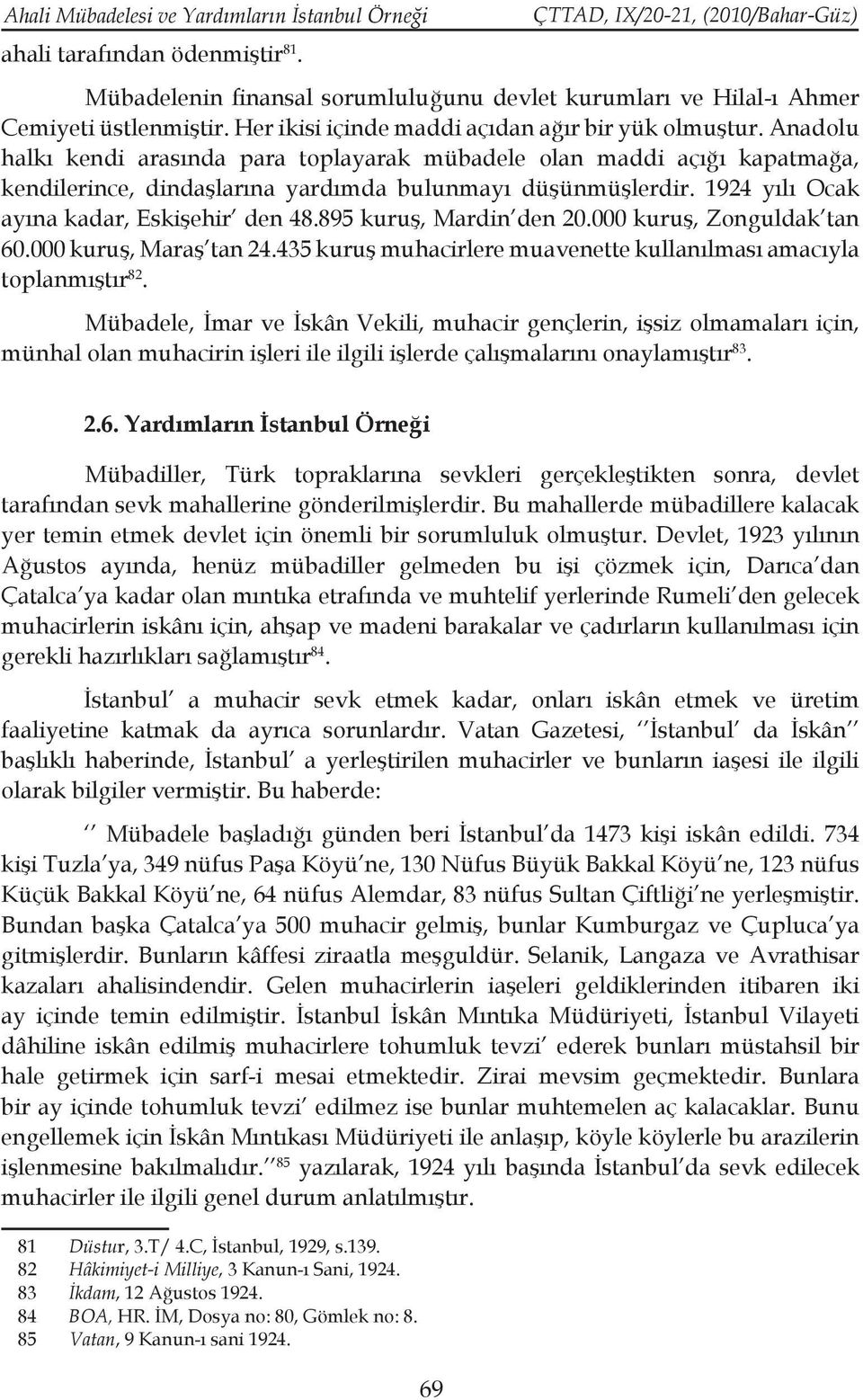 1924 yılı Ocak ayına kadar, Eskişehir den 48.895 kuruş, Mardin den 20.000 kuruş, Zonguldak tan 60.000 kuruş, Maraş tan 24.435 kuruş muhacirlere muavenette kullanılması amacıyla toplanmıştır 82.