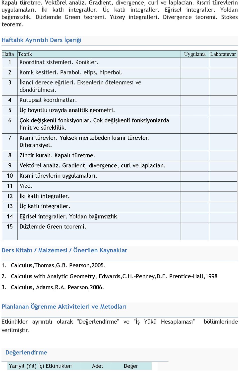 Parabol, elips, hiperbol. 3 İkinci derece eğrileri. Eksenlerin ötelenmesi ve döndürülmesi. 4 Kutupsal koordinatlar. 5 Üç boyutlu uzayda analitik geometri. 6 Çok değişkenli fonksiyonlar.