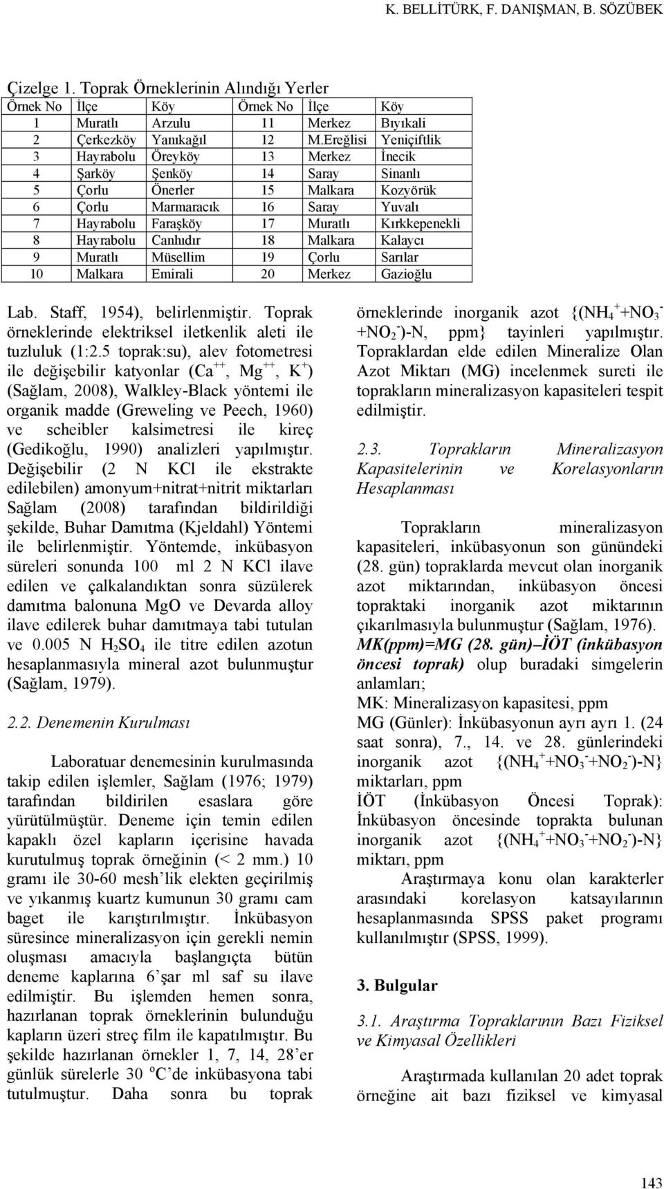 Kırkkepenekli 8 Hayrabolu Canhıdır 18 Malkara Kalaycı 9 Muratlı Müsellim 19 Çorlu Sarılar 10 Malkara Emirali 20 Merkez Gazioğlu Lab. Staff, 1954), belirlenmiştir.