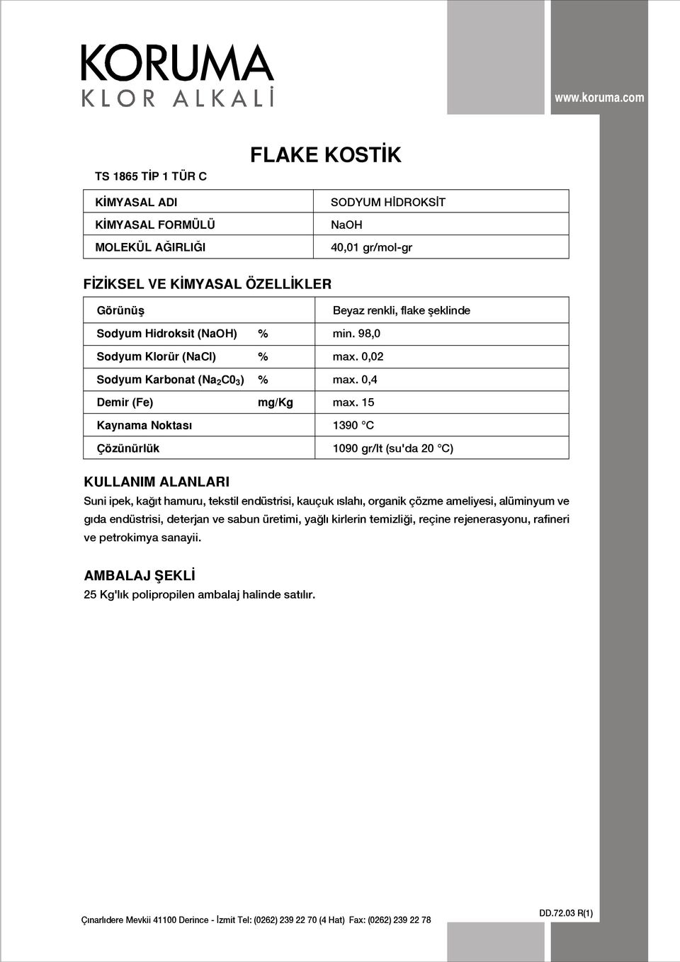 0,4 Demir (Fe) Kaynama Noktas Çözünürlük mg/kg max.