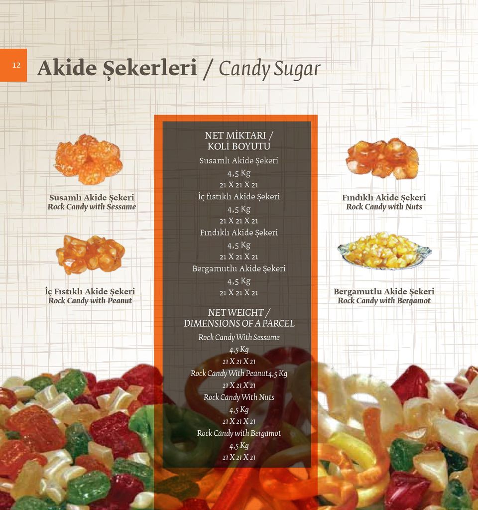 Şekeri 21 X 21 X 21 NET WEIGHT / DIMENSIONS OF A PARCEL Rock Candy With Sessame 21 X 21 X 21 Rock Candy With Peanut 21 X 21 X 21 Rock Candy