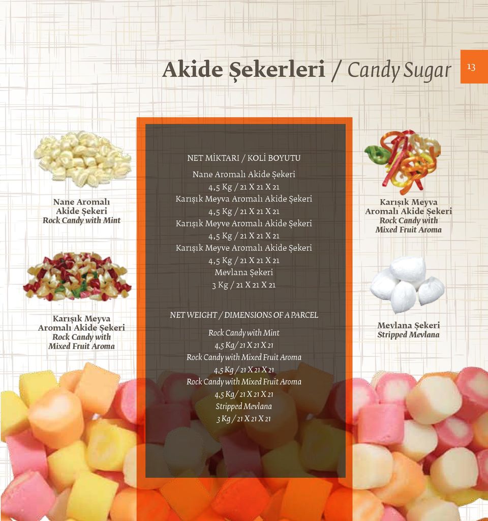 Aromalı Akide Şekeri Rock Candy with Mixed Fruit Aroma Karışık Meyva Aromalı Akide Şekeri Rock Candy with Mixed Fruit Aroma NET WEIGHT / DIMENSIONS OF A PARCEL Rock Candy with