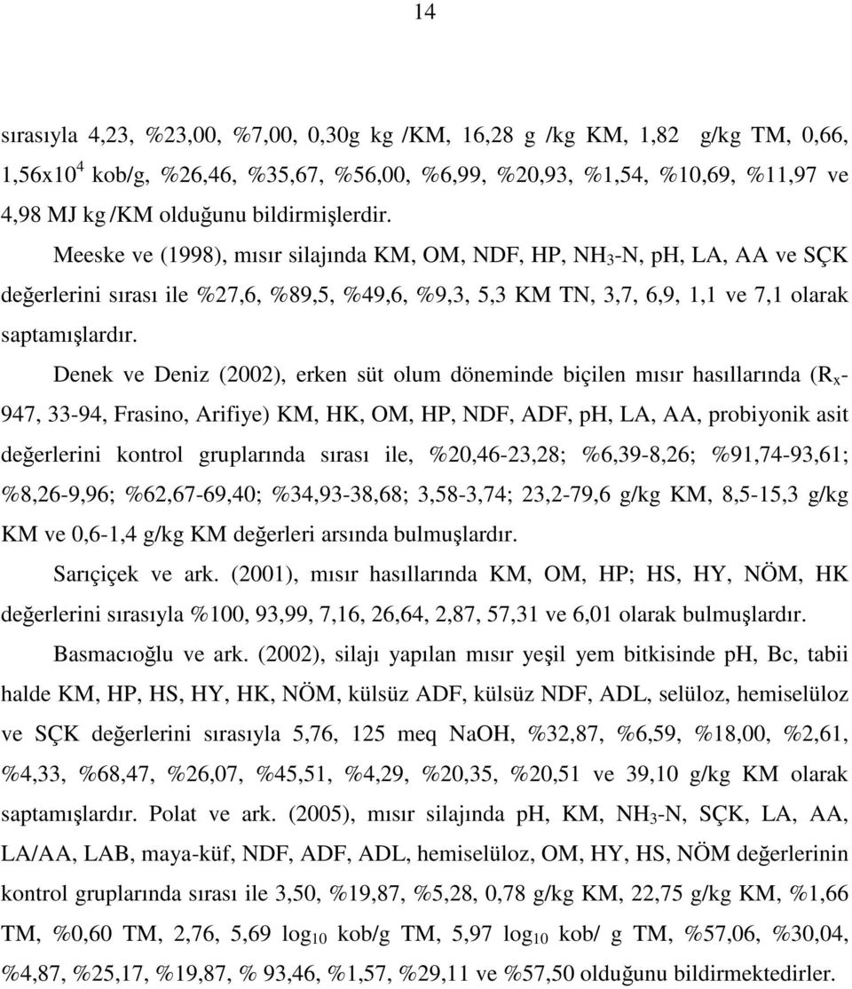 Denek ve Deniz (2002), erken süt olum döneminde biçilen mısır hasıllarında (R x - 947, 33-94, Frasino, Arifiye) KM, HK, OM, HP, NDF, ADF, ph, LA, AA, probiyonik asit değerlerini kontrol gruplarında