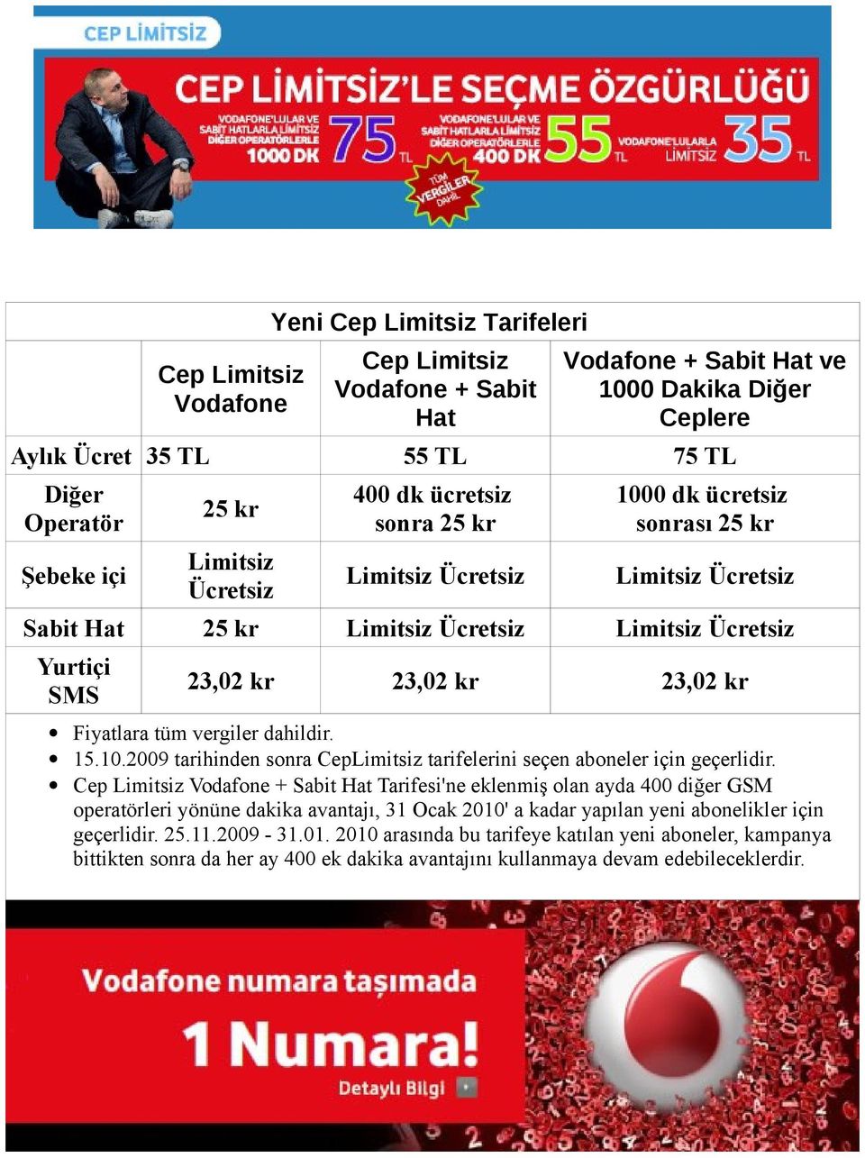 Cep Limitsiz Vodafone + Sabit Hat Tarifesi'ne eklenmiş olan ayda 400 diğer GSM operatörleri yönüne dakika avantajı, 31 Ocak 2010