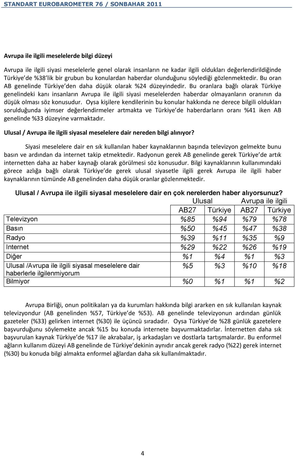 Bu oranlara bağlı olarak Türkiye genelindeki kanı insanların Avrupa ile ilgili siyasi meselelerden haberdar olmayanların oranının da düşük olması söz konusudur.