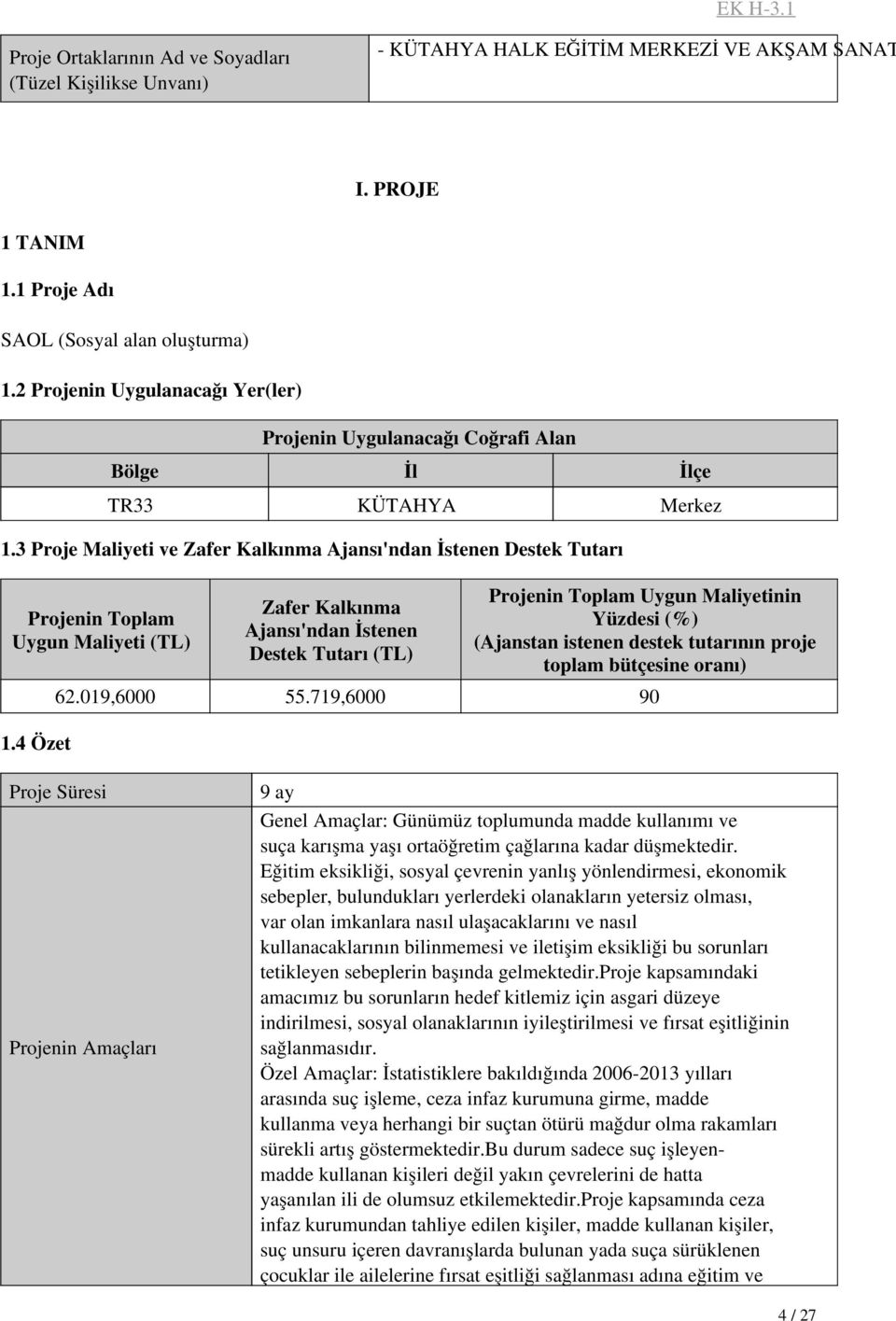 3 Proje Maliyeti ve Zafer Kalkınma Ajansı'ndan İstenen Destek Tutarı Projenin Toplam Uygun Maliyeti (TL) Zafer Kalkınma Ajansı'ndan İstenen Destek Tutarı (TL) 62.019,6000 55.