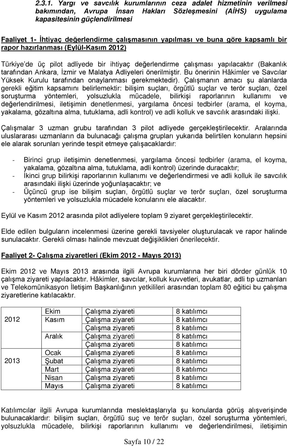 çalışmasının yapılması ve buna göre kapsamlı bir rapor hazırlanması (Eylül-Kasım 2012) Türkiye de üç pilot adliyede bir ihtiyaç değerlendirme çalışması yapılacaktır (Bakanlık tarafından Ankara, İzmir