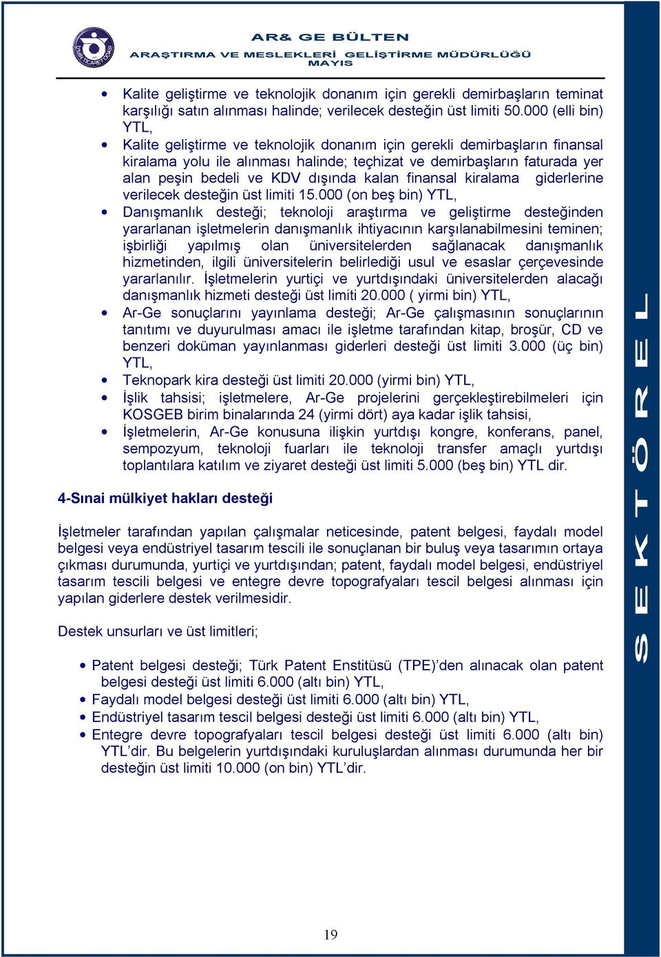 dışında kalan finansal kiralama giderlerine verilecek desteğin üst limiti 15.