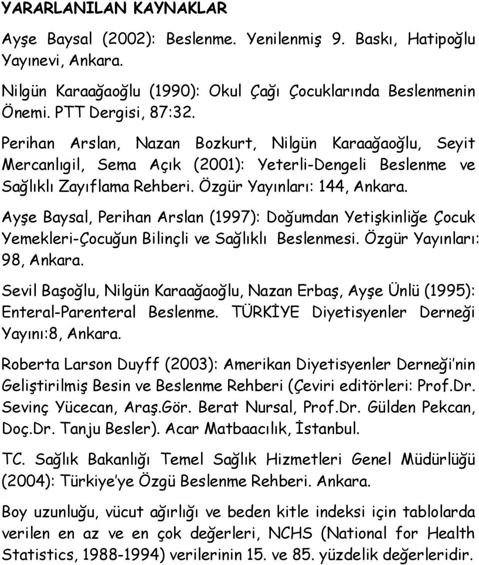Ayşe Baysal, Perihan Arslan (1997): Doğumdan Yetişkinliğe Çocuk Yemekleri-Çocuğun Bilinçli ve Sağlıklı Beslenmesi. Özgür Yayınları: 98, Ankara.