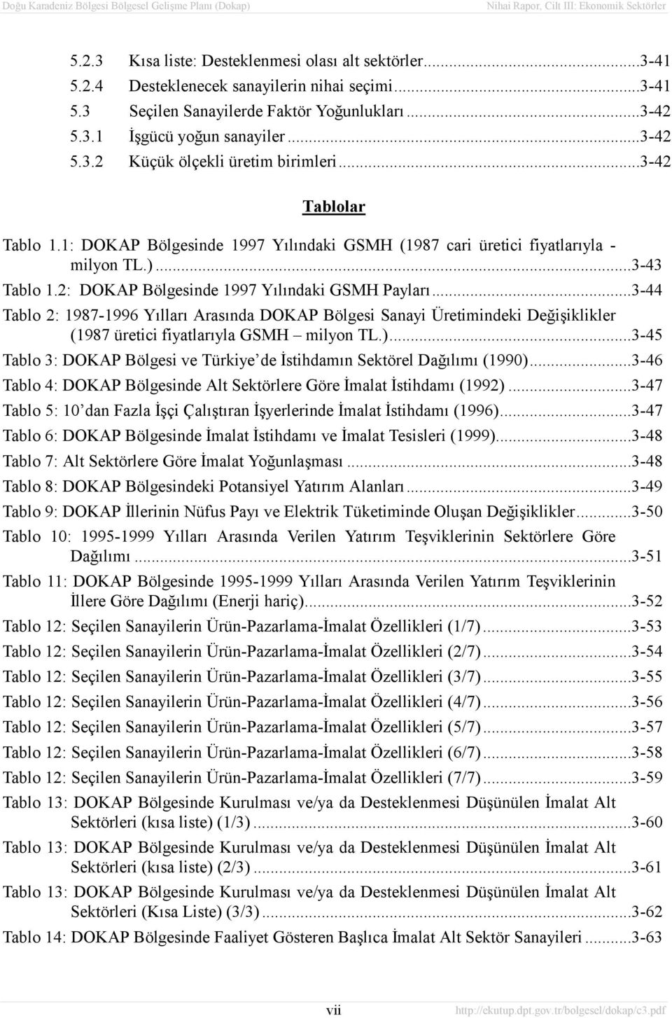 ..3-43 Tablo 1.2: DOKAP Bölgesinde 1997 Yõlõndaki GSMH Paylarõ...3-44 Tablo 2: 1987-1996 Yõllarõ Arasõnda DOKAP Bölgesi Sanayi Üretimindeki Değişiklikler (1987 üretici fiyatlarõyla GSMH milyon TL.).