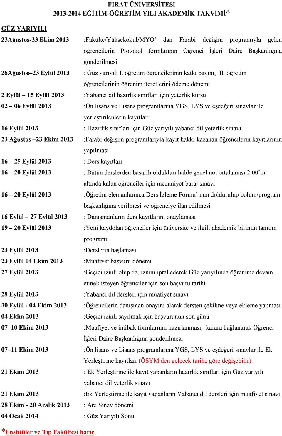 öğretim öğrencilerinin öğrenim ücretlerini ödeme dönemi 2 Eylül 15 Eylül 2013 :Yabancı dil hazırlık sınıfları için yeterlik kursu 02 06 Eylül 2013 :Ön lisans ve Lisans programlarına YGS, LYS ve