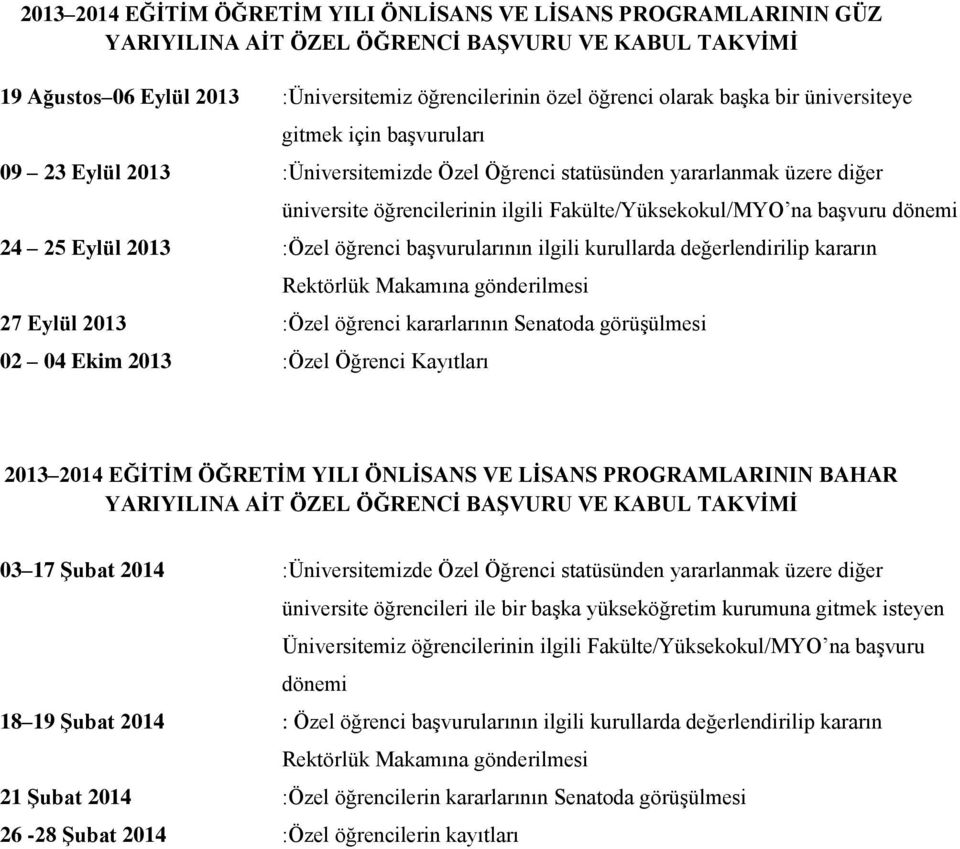 dönemi 24 25 Eylül 2013 :Özel öğrenci başvurularının ilgili kurullarda değerlendirilip kararın Rektörlük Makamına gönderilmesi 27 Eylül 2013 :Özel öğrenci kararlarının Senatoda görüşülmesi 02 04 Ekim