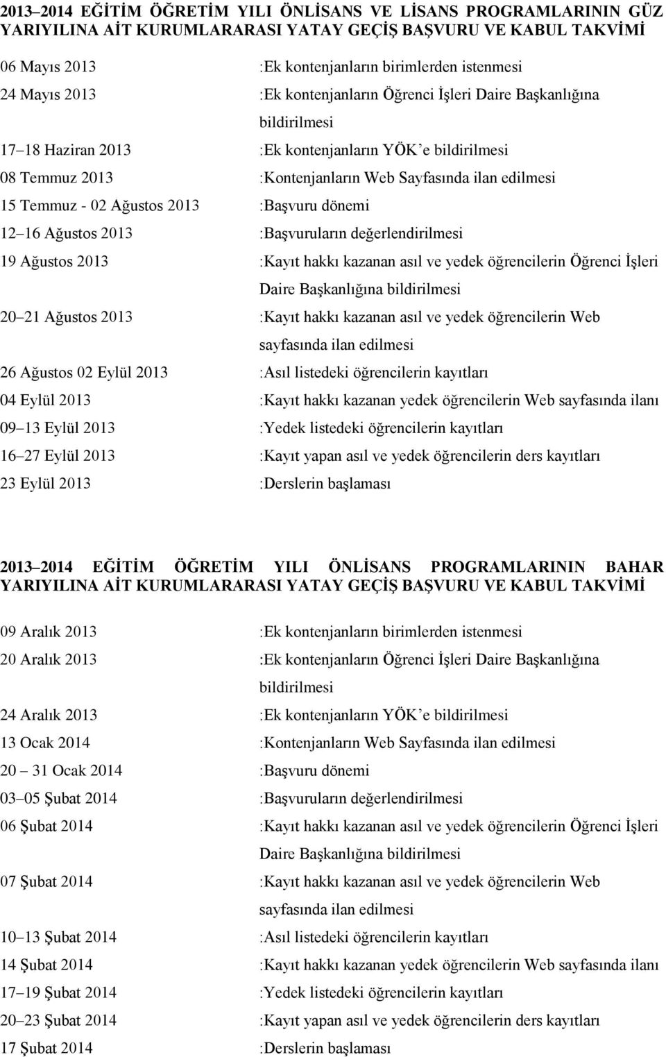 dönemi 12 16 Ağustos 2013 :Başvuruların değerlendirilmesi 19 Ağustos 2013 :Kayıt hakkı kazanan asıl ve yedek öğrencilerin Öğrenci İşleri Daire Başkanlığına 20 21 Ağustos 2013 :Kayıt hakkı kazanan