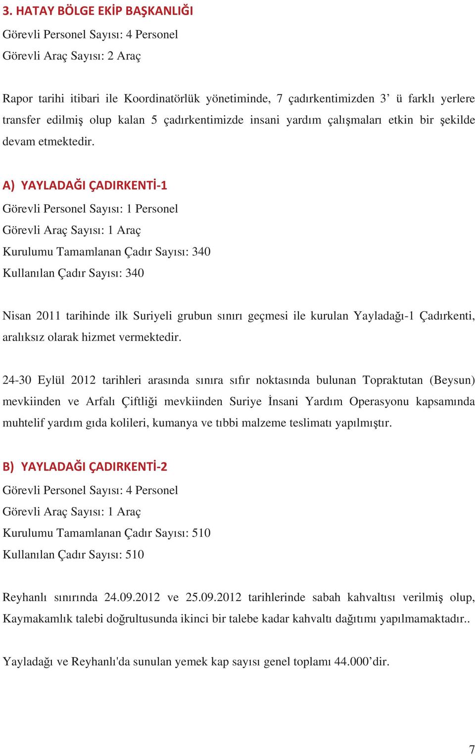 A) YAYLADAIÇADIRKENT1 Görevli Personel Says: 1 Personel Görevli Araç Says: 1 Araç Kurulumu Tamamlanan Çadr Says: 340 Kullanlan Çadr Says: 340 Nisan 2011 tarihinde ilk Suriyeli grubun snr geçmesi ile