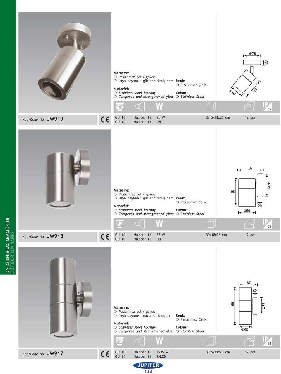 ARMATÜRLERİ Kod/Code No: JW918 GU 10 Halopar 16 35 W 30x18x26 cm 12 pcs GU 10 Halopar 16 LED 65 m Isıya dayanıklı