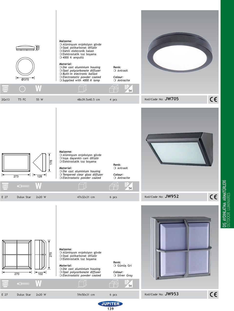 5 cm 4 pcs Kod/Code No: JW705 54 m Isıya dayanıklı cam difüzör m Tempered clear glass diffuser m Antrasit m