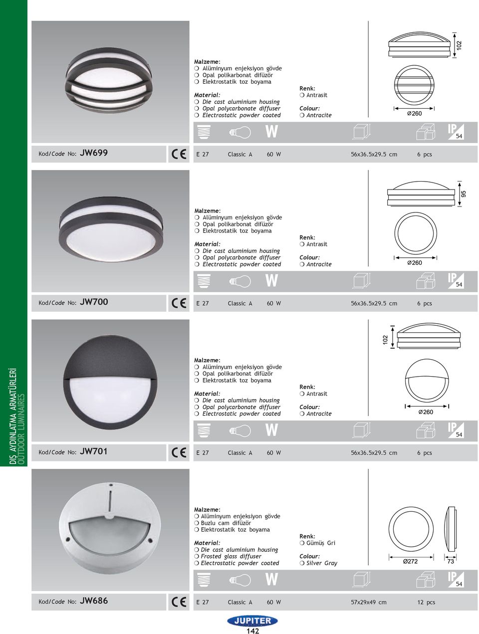 5 cm 6 pcs DIŞ ADINLATMA ARMATÜRLERİ Kod/Code No: JW701 m Antrasit m Antracite E 27 Classic A 60 W 56x36.