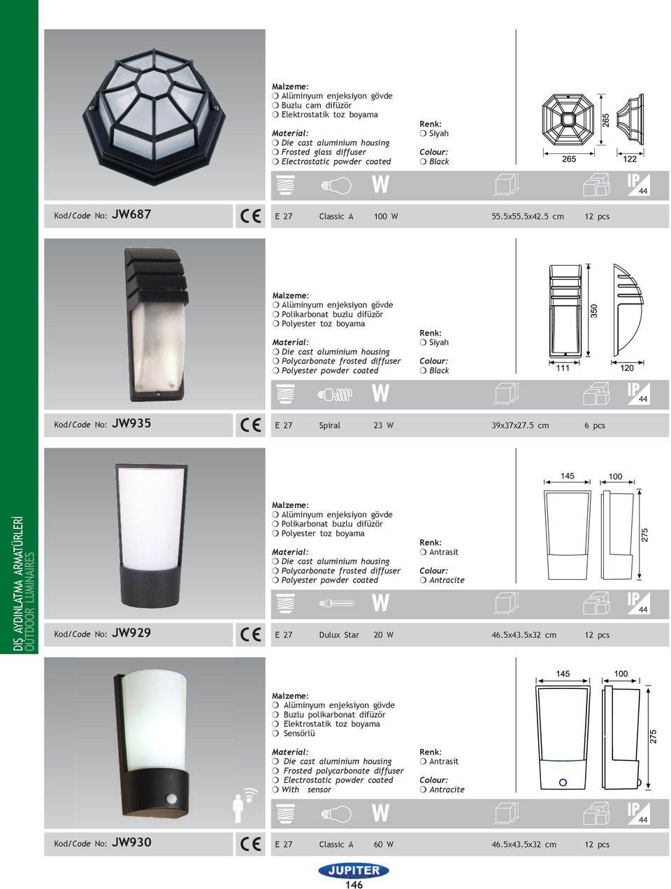 5 cm 6 pcs DIŞ ADINLATMA ARMATÜRLERİ Kod/Code No: JW929 m Polikarbonat buzlu difüzör m Polyester toz boyama m Polycarbonate frosted diffuser m Polyester powder coated m