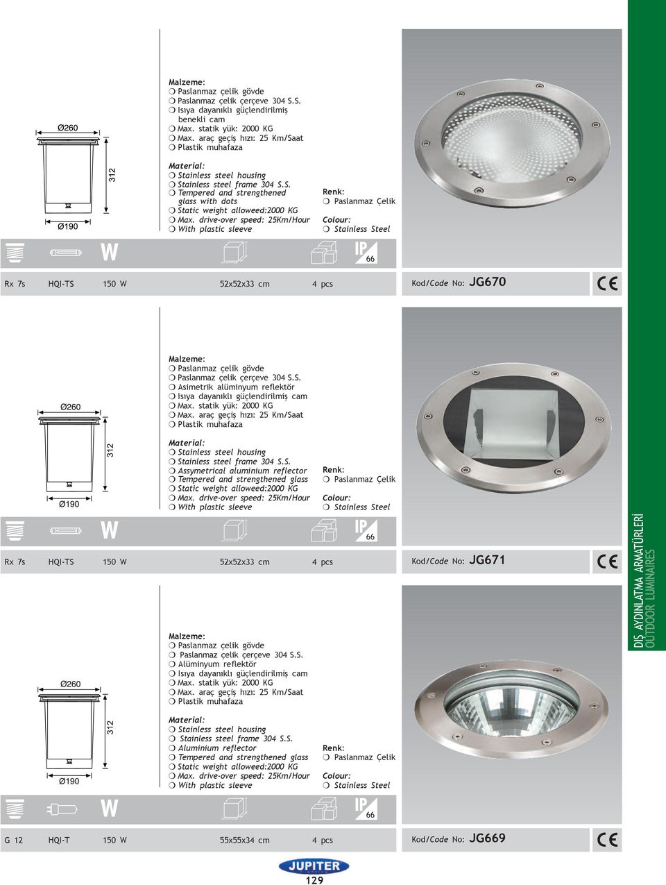 statik yük: 2000 KG m Max. araç geçiş hızı: 25 Km/Saat m Plastik muhafaza m Stainless steel frame 304 S.S. m Assymetrical aluminium reflector m Tempered and strengthened glass m Static weight alloweed:2000 KG m Max.