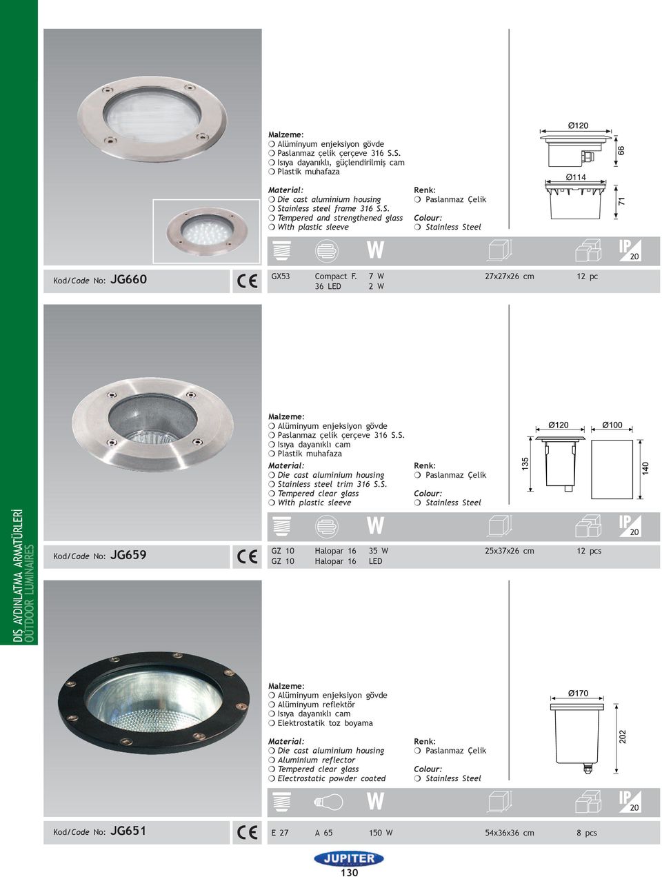 S. m Isıya dayanıklı cam m Plastik muhafaza m Stainless steel trim 316 S.S. m Tempered clear glass m With plastic sleeve DIŞ ADINLATMA ARMATÜRLERİ Kod/Code No: JG659