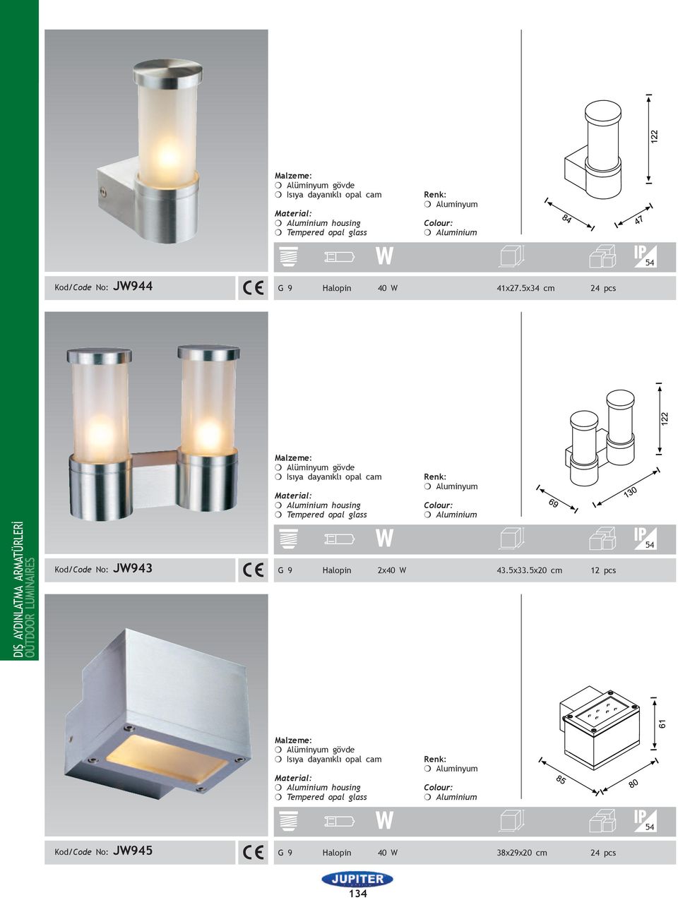 5x34 cm 24 pcs m Alüminyum gövde m Isıya dayanıklı opal cam m Aluminium housing m Tempered opal glass m Aluminyum m Aluminium DIŞ