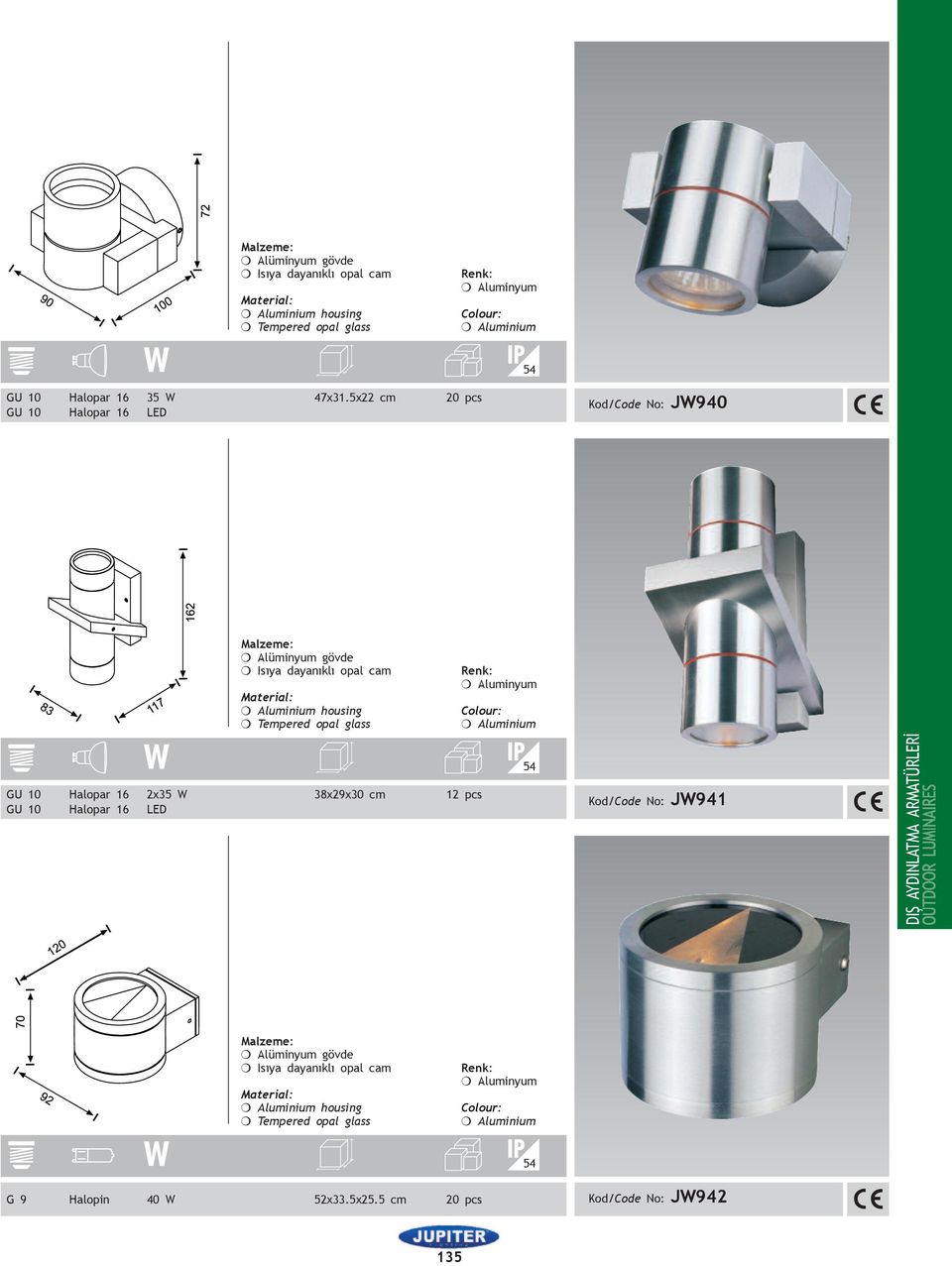 Aluminyum m Aluminium GU 10 Halopar 16 2x35 W 38x29x30 cm 12 pcs Kod/Code No: JW941 GU 10 Halopar 16 LED 54 DIŞ ADINLATMA ARMATÜRLERİ m Alüminyum