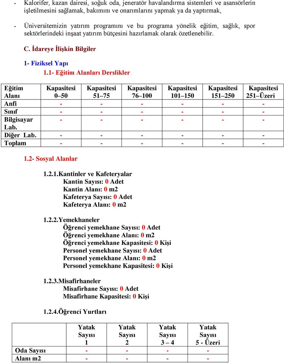 1- Eğitim Alanları Derslikler Eğitim Alanı Kapasitesi 0 50 Kapasitesi 51 75 Kapasitesi 76 100 Kapasitesi 101 150 Kapasitesi 151 250 Kapasitesi 251 Üzeri Anfi - - - - - - Sınıf - - - - - - Bilgisayar