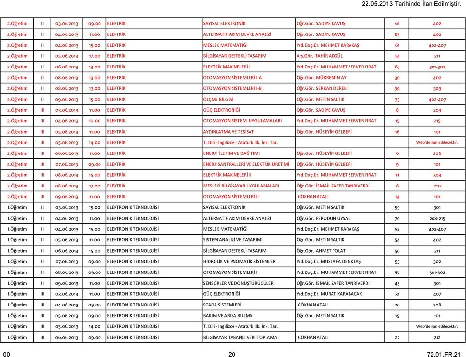 Öğretim II 06.06.2013 13.00 ELEKTRİK ELEKTRİK MAKİNELERİ I Yrd.Doç.Dr. MUHAMMET SERVER FIRAT 67 301-302 2.Öğretim II 08.06.2013 13.00 ELEKTRİK OTOMASYON SİSTEMLERİ I-A Öğr.Gör. MÜKREMİN AY 30 402 2.